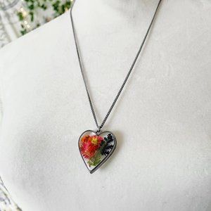 Heart shaped rainbow pride colorful floral botanical resin necklace silver bezel